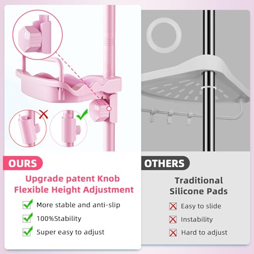 XLHOMO 32-122inch Corner Shower Caddy Tension Pole Pink, Rustproof Drill-Free Shower Shelves for Bathroom Bathtub Washbasin, Adjustable Shower Organizer with 4 Tier Patent Stable Shelves & Towel Bars - color: Pink