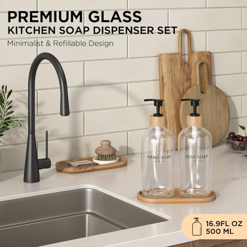 Hand and Dish Soap Dispenser Set,16oz Glass Bottles with Bamboo Pumps & Tray,Countertop Soap Dispensers for Kitchen,Luxury, Minimalist & Farmhouse Decor - color: Hand Dish (Transparent)