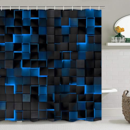 LQCOOL 4 Pcs Blue Shower Curtain Set with Rugs, 3D Cubes Modern Bathroom Set, Black Blue Polyester Shower Curtains for Bathroom with 12 Hooks, Toilet Lid Cover & U-Shaped Mat - color: Black Blue