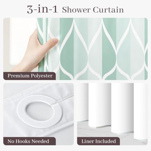 Yiatn Light Green No Hook Hotel Collection Shower Curtain - Hotel Style with See Through Mesh Top Window, Modern Geometric Waterdrop Design,Waterproof and Washable,- 71x74 INCH - color: Light Green, size: 71"W x 74"L (Pack of 1)