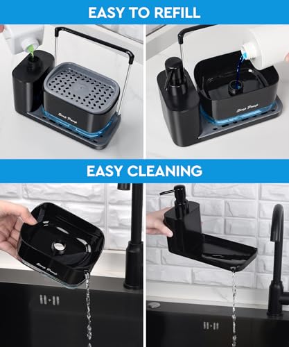 Hand and Dish Soap Dispenser Set with Tray, Dual Soap Dispenser with Sponge Holder and Dishcloth Holder 5-in-1 Organizer for Kitchen Sink Countertop Storage Organize - Useful Kitchen Gadgets (Black) - color: Black
