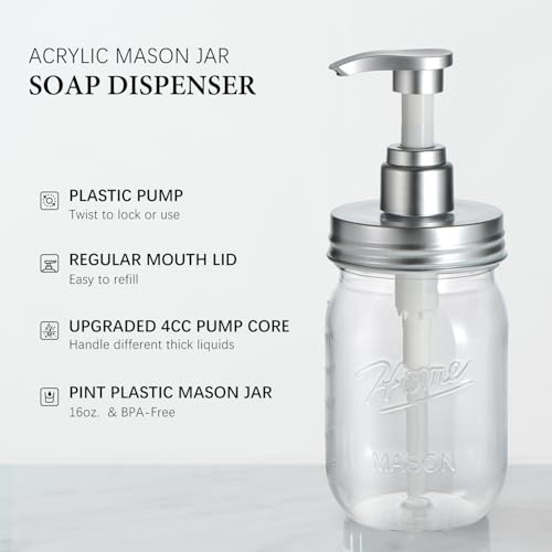 Amolliar Plastic Mason Jar Soap Dispenser with Pump Lid,16OZ Refillable BPA-Free Hand Soap Dispenser Set with Cute Lables, Farmhouse Decor for Kitchen Bathroom, Liquid Soap, Dish Soap (2 Pack, Silver) - color: Silver