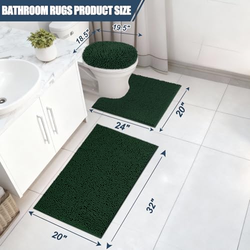 Bathroom Rugs Sets 3 Piece with Adjustable Toilet Seat Cover 19.5"x 18.5" Machine Washable Bath Rug Set with TPR Non Slip Rubber Backing Solid Bath Mat Set for Luxury Bathroom Decoration - color: Dark Green