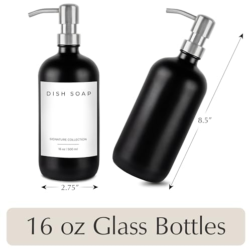 Emerson Glass Soap Dispenser Set - Kitchen & Bathroom, 2 Pack with Pump and Labels - 16 Oz - color: 03 – Black / Stainless Steel