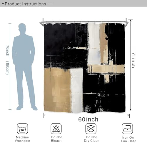 Miyotaa Abstract Black Tan Modern Shower Curtain Set 60Wx71H Inches Painting Contemporary Minimalist Brushstroke Art Neutral Waterproof Bathroom Curtain with 12 Hooks - color: Black Tan Painting, size: 60"W x 71"L (Pack of 1)