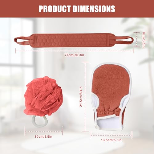 Back Scrubber Set, 3Pcs Bath Gloves and Shower Loofah Sponge for Body Scrub and Daily Shower Cleaning(Red) - color: Red