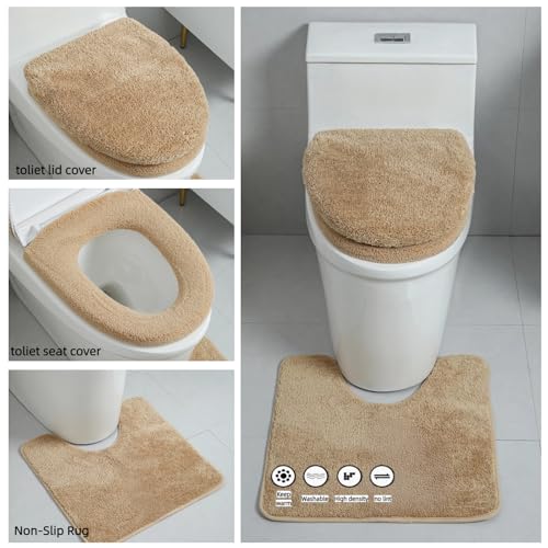 3piece Toilet Seat Cover Set - Toilet Seat Cover +Toilet Lid Cover + toilet rugs u shaped washable, Fits Most Elongated Round and Oblong Toilet(Machine Washable,Quick-Dry) brown - color: Brown