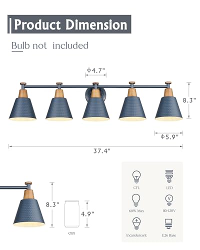 FEMILA 5 Light Bathroom Vanity Light, 37.4" Bathroom Lighting Fixtures Over Mirror, Blue Finish, E26 Base, 4FG59B-5W Blue - color: Navy Blue, size: 37"