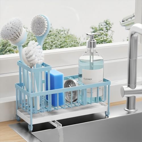 Cisily Sponge Holder for Kitchen Sink, Sink Caddy Organizer with High Brush Holder, Kitchen Countertop Organizers and Storage Essentials, Rustproof 304 Stainless Steel (Blue, 9.25″) - color: Blue - 9.25″
