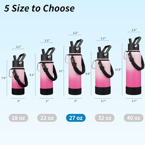 BJPKPK 27oz Insulated Water Bottles with 3 Lids, Paracord Handle & Non-slip Boot, Stainless Steel Metal Water Bottle with Straw, BPA Free Leak Proof Thermal Flasks, Tumblers,Cherry - color: Cherry, size: 27 Ounces