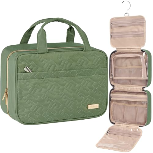 NISHEL Travel Toiletry Bag for women, Portable Hanging Organizer for Travel-Sized Shampoo, Conditioner, Brushes Set, Makeup Accessories, Medium Size, Purple, Bronze Green - color: Bronze Green, size: Medium