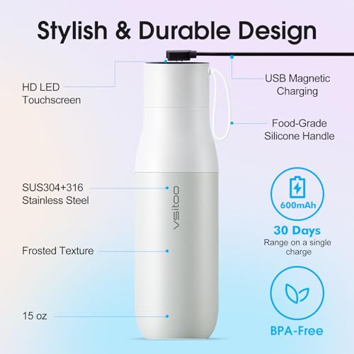 VSITOO S1 Pro 15oz Insulated Stainless Steel Self-Cleaning Water Bottle | Mini 15oz Insulated Bottle With Auto Self-Cleaning, App or Touchscreen Control, Temp Display, 30-Day Battery & 24H Cold - color: White, size: 15 Ounces