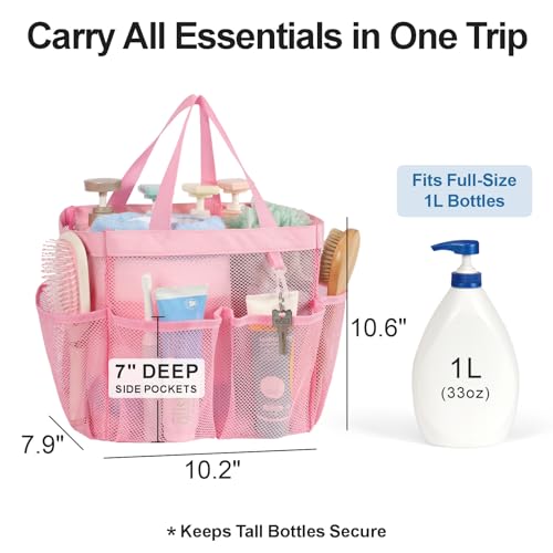 Mesh Shower Caddy Portable - 8 Pockets, S-Hook, Shower Bag for Dorm Camping | 2-Handle, Quick-Dry, Hanging Toiletry Organizer, College Dorm Room Essentials for Girls, Gym, Travel & Bathroom, Pink - color: Pink, size: L (Classic Dorm Caddy)