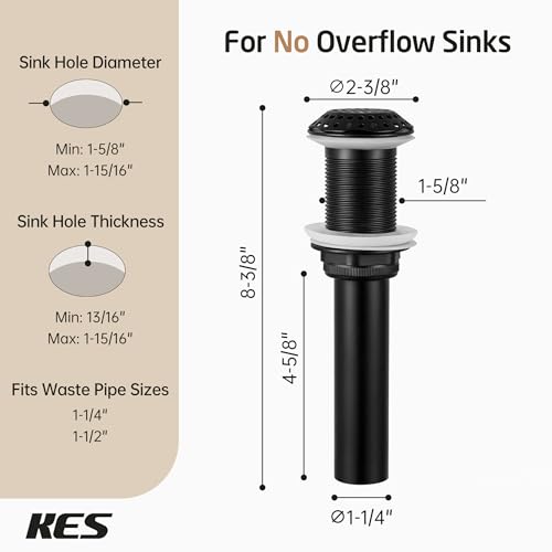 KES Bathroom Sink Grid Drain Without Overflow, 360° Water Drainage, Anti-Clog Design, Detachable Strainer, Matte Black Vanity & Vessel Drain, Stainless Steel & Brass, S2020D-BK - color: Matte Black