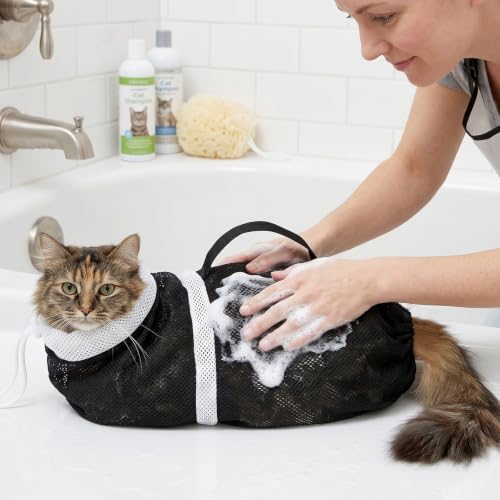 JULMELON Cat Bathing Bag Kit Adjustable Mesh Cat Washing Bag with Nail Clippers Nail File Brush Comb Tick Remover Tool Pet Grooming Bag for Cats and Small Dogs - color: Black+Green