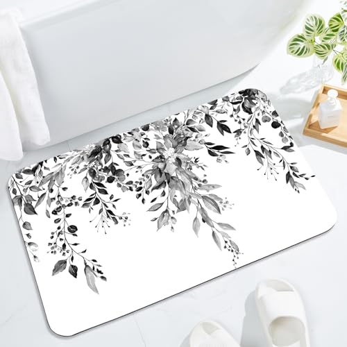 Gibelle Eucalyptus Leaves Bath Mat Rug Set 2 Piece, Super Absorbent Quick Dry Bathroom Rug Set, Non Slip Rubber Backed Bathroom Floor Mat for Tub Shower Sink (17"x24"+17"x24", Black) - color: A004, size: 17" x 24" (2pcs)