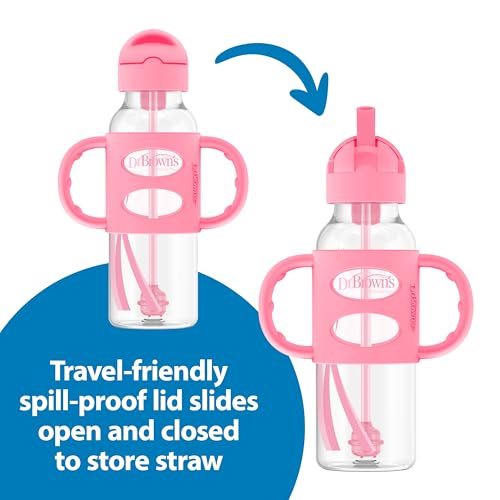 Dr. Brown's Milestones Narrow Sippy Straw Bottle, Spill-Proof with 100% Silicone Handles and Weighted Straw, 8 oz/250 mL, Pink, 6m+ - color: Pink, size: 1 Count (Pack of 1)