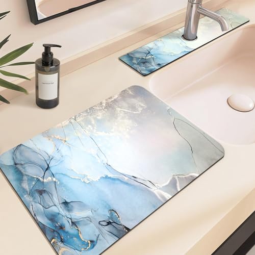 19.5" x 12" Dish Drying Mat & 24" x 5.5" Sink Splash Guard, Super Absorbent Drainer Rack Mat for Kitchen Counter Coffee Bar - color: Blue, size: 19.5"*12"+24"*5.5"