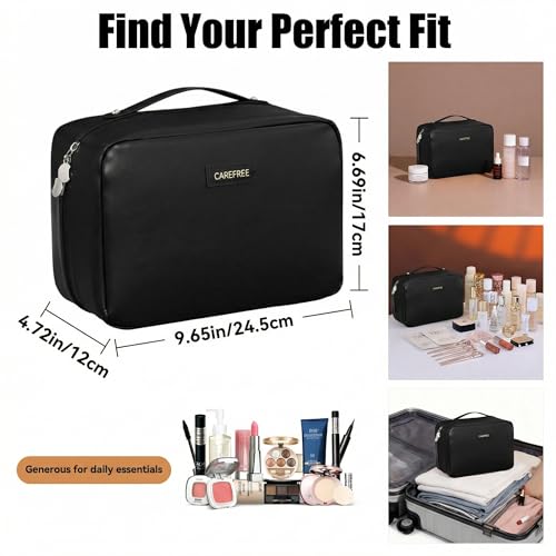 Travel Makeup Bag, Large Capacity Cosmetic Bags for Women, Waterproof Portable Pouch Open Flat Toiletry Bag Make up Bag, Black - color: Black
