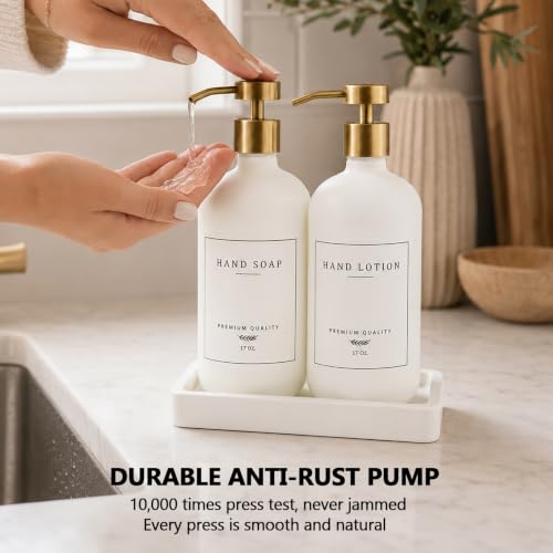 Soap Dispenser Bathroom - Kitchen Dish and Hand Soap Dispenser Set, Glass Bathroom Soap Lotion Dispenser with Pump, Tray, 14 Waterproof Labels, Set of 2 White Bottle/Gold Pump-pd - color: White Bottle/Gold Pump + Tray