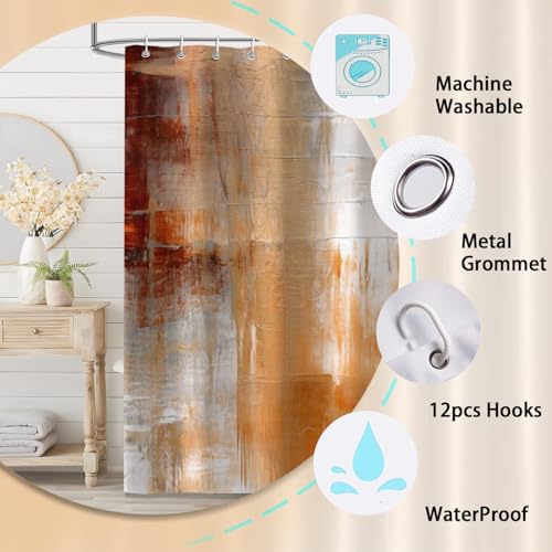 4Pcs Burnt Orange Abstract Shower Curtain Set, Rust Brown Bathroom Shower Curtain with Rugs and Accessories,with Non-Slip Rugs, Toilet Lid Cover and Bath Mat for Bathroom Set Decor - color: Orange Brown