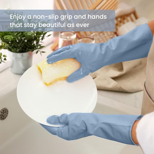 Rubber Cleaning Gloves for Dishwashing, 4 Pairs Reusable Kitchen Gloves for Washing Dishes and Household Cleaning, Blue Dish Gloves with Flocked Lining and Non-Slip Grip, Pefect for Woman Men - L - color: Blue, size: Large