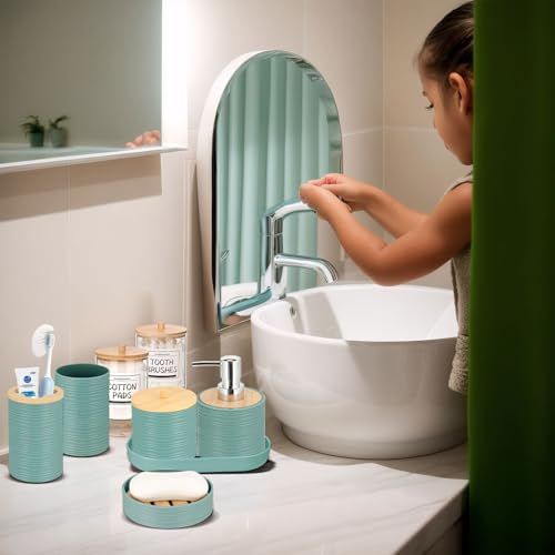 IMAVO Bathroom Accessories Set 11PCS,Complete Bathroom Organizer with Trash Can,Soap Dispenser,Toothbrush Holder,Toilet Brush & Qtip Holders,Modern Plastic Bathroom Decor for Home & Apartment (Blue) - color: Blue, size: 11 PCS Bathroom Set