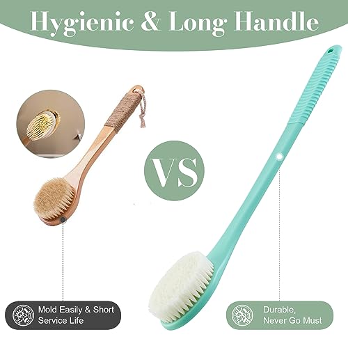 Back Scrubber for Shower, Shower Body Brush for Cleaning with Long Handle for Showering, 17 Inch Back Washer Exfoliator for Shower Men Women with Non-Slip Handle, Adhesive Hook (Celadon Green) - size: Celadon Green - Artificial Bristles