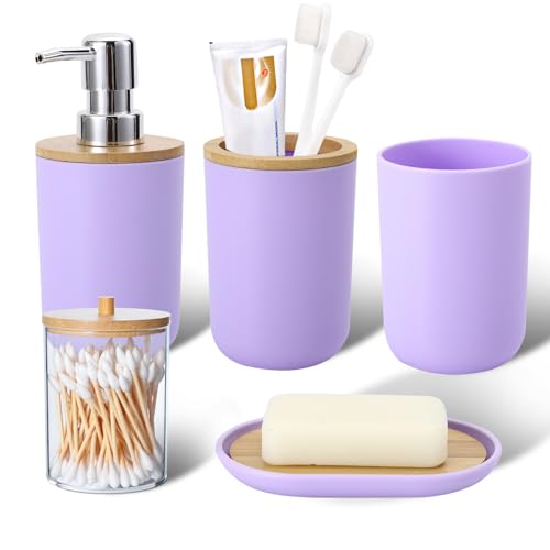 iMucci Bathroom Accessories Set 5Piece Light Purple Bathroom Sets, Toothbrush Holder, Toothbrush Cup, Lotion Soap Dispenser, Soap Dish and Qtip Holder Bathroom Decor - style: Light Purple
