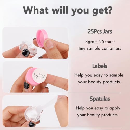 3 Gram Sample Jars with Lids, 25 Count Mini Cosmetic Containers - Makeup Travel Containers with Labels, Tiny Disposable Spatulas - color: Pink