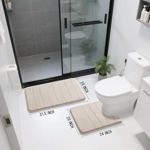 Yimobra Memory Foam Bath Mat Set 2 Piece - Super Soft Absorbent Quick Dry Bathroom Toilet Rugs, Machine Washable Non Slip Floor Carpet for Tub Shower & Single Sink (31.5x20 & 24x20, Beige) - color: Beige, size: 31.5x20+24x20 Inch