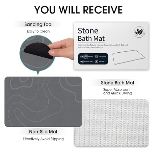 ZIKIBL Stone Bath Mat Diatomaceous Earth Shower Mat Non-Slip Super Absorbent Diatomite Stone Mats for Bathroom Floor Quick-Drying Easy to Clean (24''*16'' Grey) - color: Grey