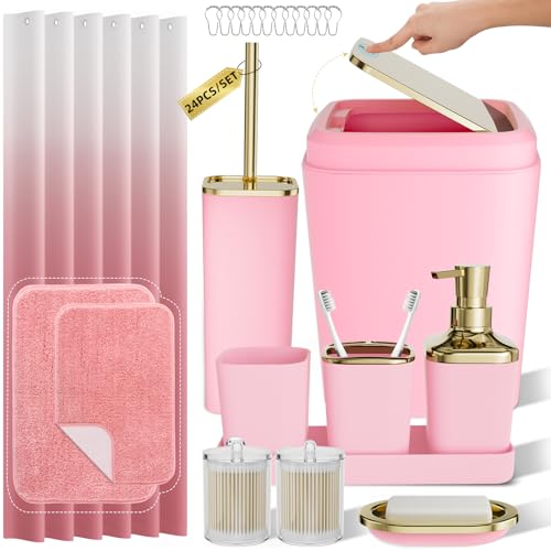 XLHOMO Bathroom Accessory Set - 24PCS Luxury Bathroom Accessories Set, Bathroom Sets with Shower Curtain and Rugs, Pink Bathroom Set with Trash Can, Toothbrush Holder & Soap Dispenser for Home Decor - color: Pink & Gold, size: Gradient Complete Set+Bath R