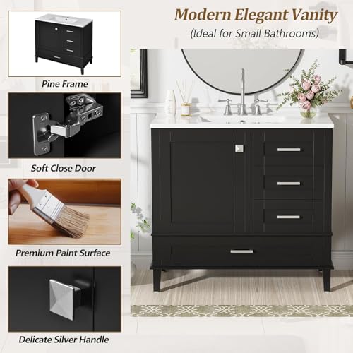 Linique 36" Modern Bathroom Vanity with Sink Combo Set, Bathroom Storage Cabinet with a Soft Closing Door and 3 Drawers, Black - color: Black, size: 36"/ Door without Organizer