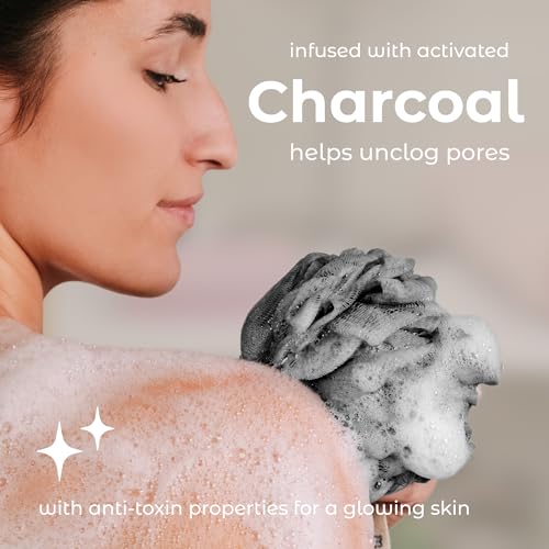 MainBasics Shower Loofah Sponge Pouf, Set of 3, Charcoal Infused | Soft Mesh Body Scrubber and Bath Sponge for Gentle Exfoliation, Rich Lather, and Everyday Shower Use - style: Charcoal