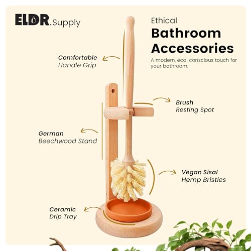 ELDR Supply Toilet Bowl Cleaner Brush with Holder, 14 Inch Extra Long German Beechwood Handle, Strong Hemp Bristles, Ceramic Drip Tray, Biodegradable