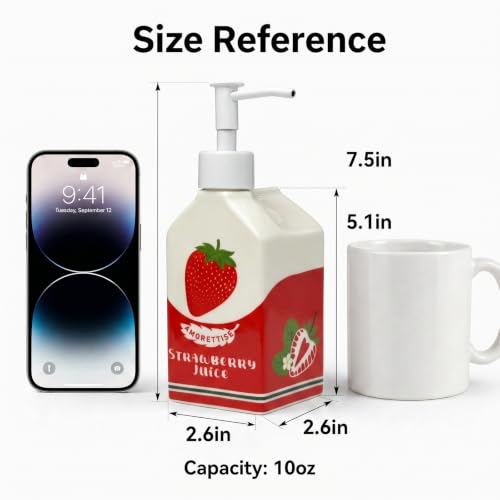 Ceramic Strawberry Dish Hand Soap Dispenser Pump Bottle Bathroom Kitchen | Cute Funny Design, Refillable, Reusable, 300ml/10oz - color: Strawberry