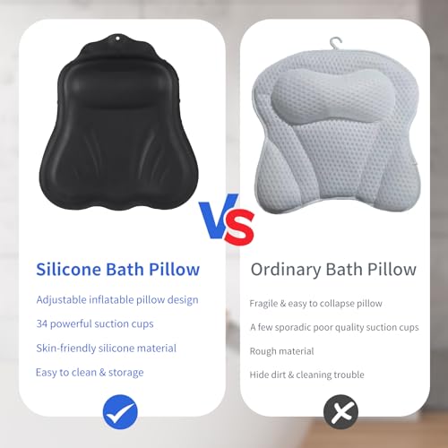 Goowin Bath Pillows for Tub, New Generation Skin-Friendly Silicone Bath Pillow, Luxury Bathtub Pillow for Head and Neck, Powerful Suction Tub Pillow for Bathtub with Inflatable Airbag (Black) - color: Black