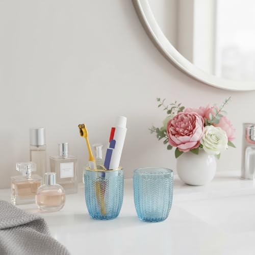 Toothbrush Holders for Bathrooms, Blue Glass Toothbrush Holder with Gold Divider, 10oz Bathroom Tumbler and Mouthwash Cup, Bathroom Storage Cup for Tooth Brush, Toothpaste and Makeup Brush