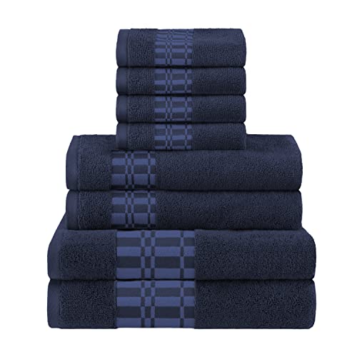 Superior 8-Piece Cotton Towel Set, Geometric Design, Dobby Border, Plush Quick Dry Towels, Decorative Bathroom, Spa, Includes 2 Bath, 2 Hand, 4 Face Towels/Washcloth, Larissa Collection, Navy-Blue - color: Navy Blue, size: 8 Piece Towel Set