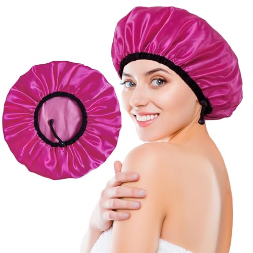 Shower Cap for Women, Large Shower Caps Reusable Waterproof with Elastic Band, Silky Satin Double-layer Bath Cap for Braids Long Hair - color: Set G