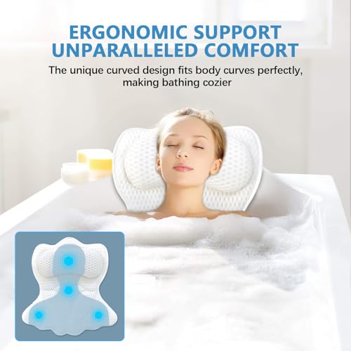 REEZEIVI Bath Pillows for Tub,Bath Pillow with 6 Non-Slip Suction Cups,Soft 4D Mesh Fabric,Bathtub Pillows for Tub Neck and Back Support,Extra Thick Luxury Bathtub Pillows,White - color: White