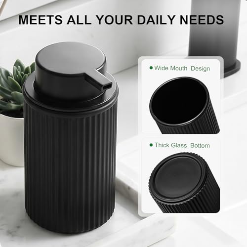 KASUNTING Matte Black Foaming Soap Dispenser, 2 Pack Ribbed Glass Foam Hand Soap Dispenser for Bathroom, Refillable Foaming Pump Bottle with Black Pump, Modern Dish Soap Foam Dispenser - color: Black Bottle+ Black Pump, size: Foam-2 Pack