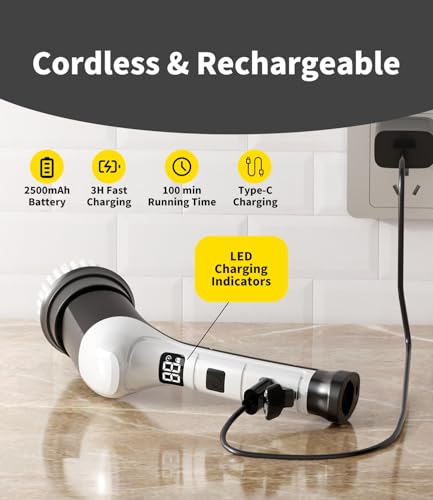 Electric Spin Scrubber, Cordless Household Cleaning Brush with 6 Replaceable Heads, 3 Speeds, LED Display, Lightweight Handheld Power Scrubber for Cleaning Stove/Bowl/Sink/Corner/Tile/Grout-Black - color: Black