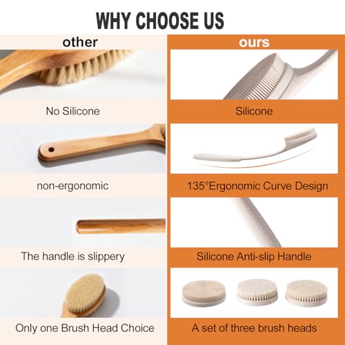Long Handle Shower Back Scrubber,15.75 Inch Ergonomic Curved Brush with 3 Replaceable Heads with Soft and Firm Bristles,Silicone Handle for Easy Back Cleaning and Exfoliation,Bath Body Brush(Beige) - color: Wheat Straw Beige