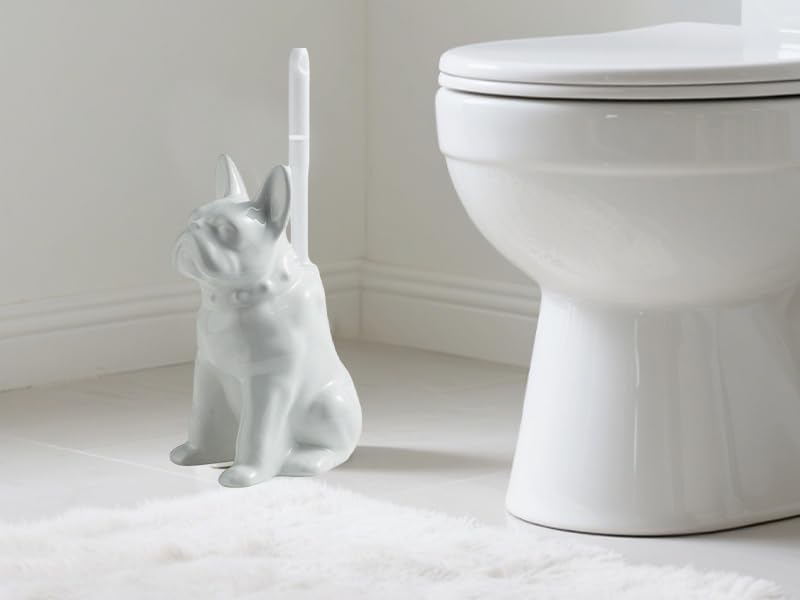 Comeon Ceramic Dog White/Black Toilet Brush and Holder Set, Plastic Handled Scrub Brush for Bathroom Cleaning,13.7"*6.3" (White) - color: White, size: Dog