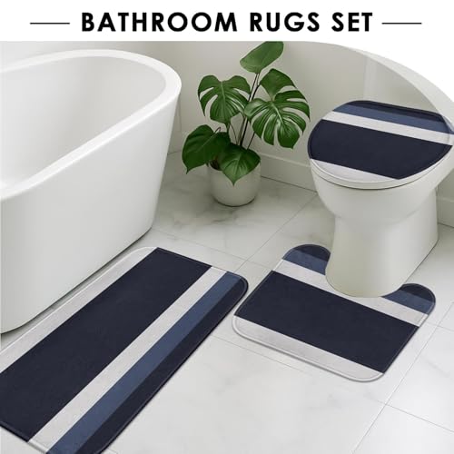 Striped Blue Shower Curtain Set with Toilet Lid Cover and Non-Slip Rugs for Bathroom, Minimalist Navy Geometric 4 Pcs Shower Curtain, Modern Bathroom Set with 12 Hooks - color: Stripes Dark Blue