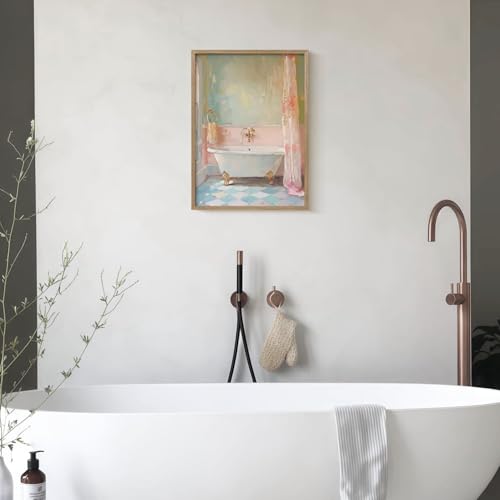 Framed Vintage Bathroom Canvas Wall Art Oil painting style Bathtub Print Poster Picture Home Decor Gallery Style Painting Bathroom Living Room Apartment 12X16 Inch Ready to Hang - color: Pink blue bathroom, size: 16L" x 12W"
