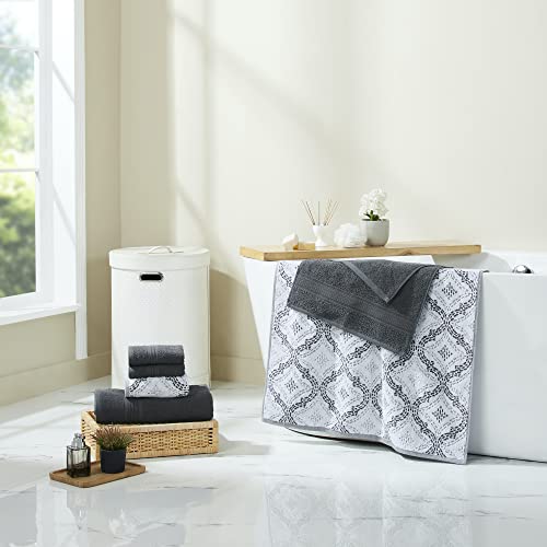 Modern Threads Capri 6-Piece Reversible Yarn Dyed Jacquard Towel Set - Bath Towels, Hand Towels, & Washcloths - Super Absorbent & Quick Dry - 100% Combed Cotton, Coal - color: Charcoal Grey, style: Soft Geometric