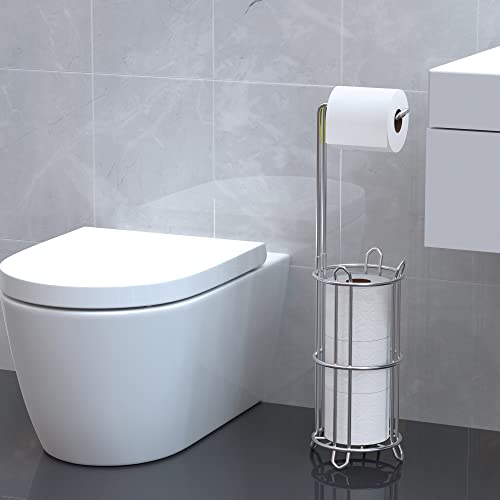 Meangood Toilet Paper Holder Stand and Tissue Paper Roll Dispenser for 4 Mega Rolls, Bathroom Free Standing Tissue Roll Storage Holder Rack, Metal Wire Silver - color: Silver